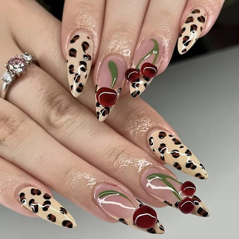 Cherry Leopard Print Almond Fake Nails Art Ballet Pointed False Nails Charms Flower Star Love Heart Press on Nails Manicure Tool