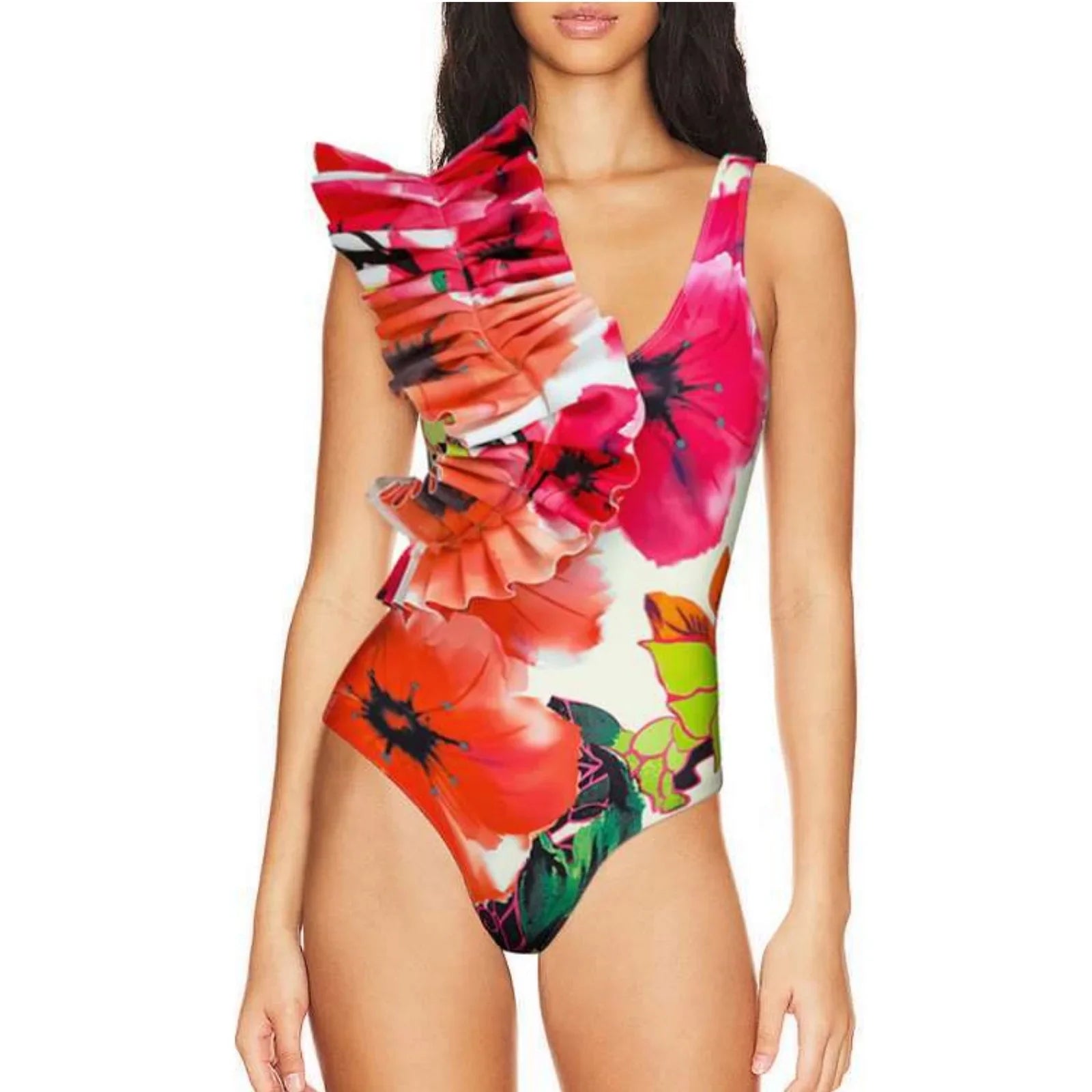 New Flower Printed Ruffle One Piece Women Swimsuit Swimwear with Skirt Ruffle Bathing Suit Monokini Beach Wear Bodysuit