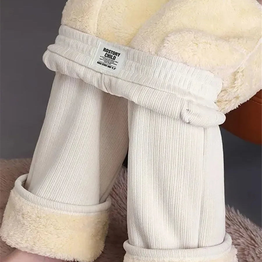 Winter Fleece Lined Wide Leg Pants CasualThicken Warm Baggy Sweatpants Women HighWaist Korean Lamb Fluff Straight Pantalones Beige