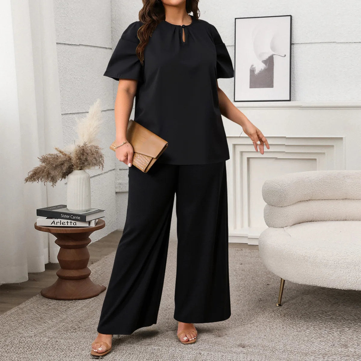 Plus Size Summer 2 Two Piece Set Women Pleated Short Sleeve Modis Casual Ladies Blouses Loose Wide Leg Elastic Waist Woman Pant Black Sets