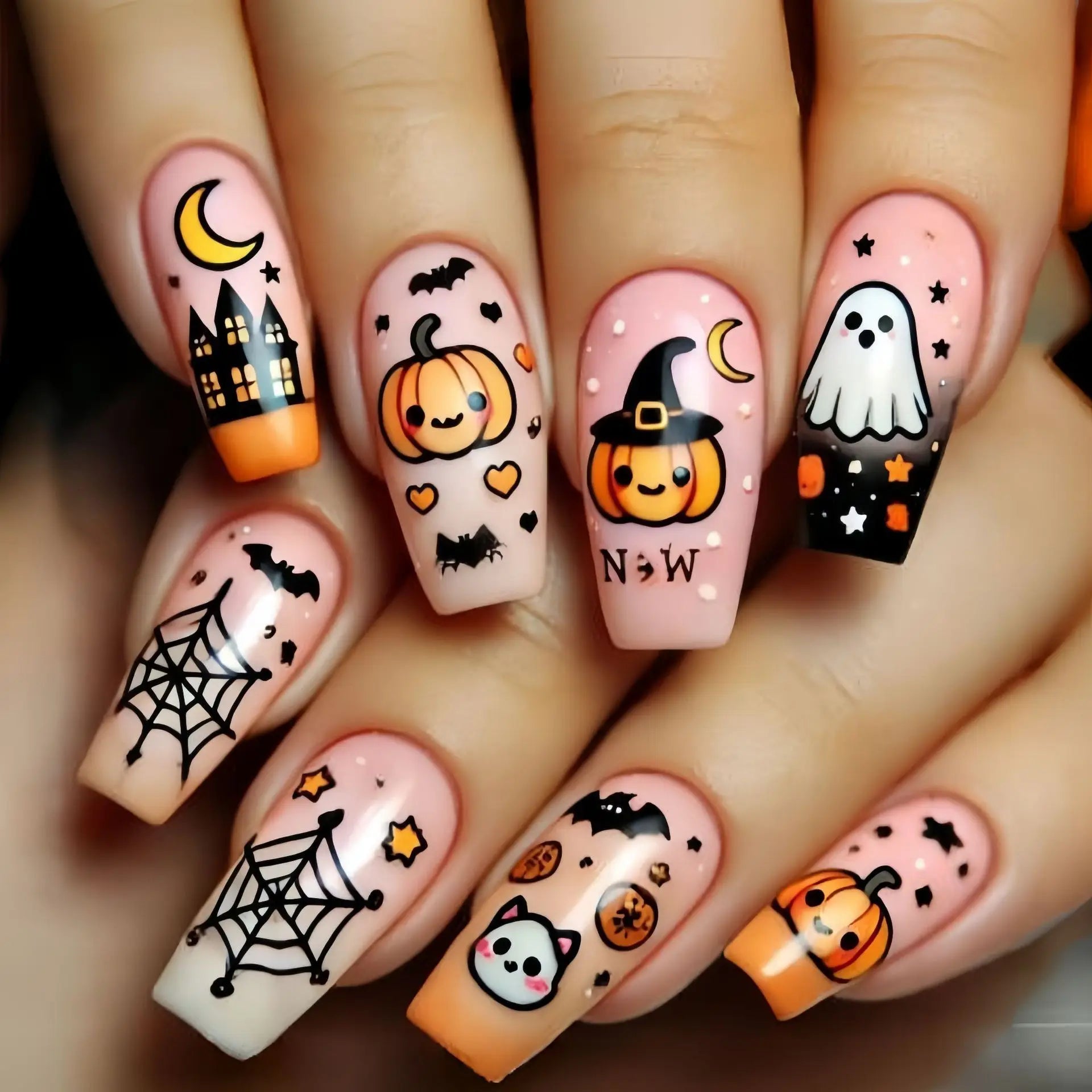 24pcs/set Short Medium fake nails for Halloween party Dead trees and crows bat Night sky Square almond tips press on false nail 2722