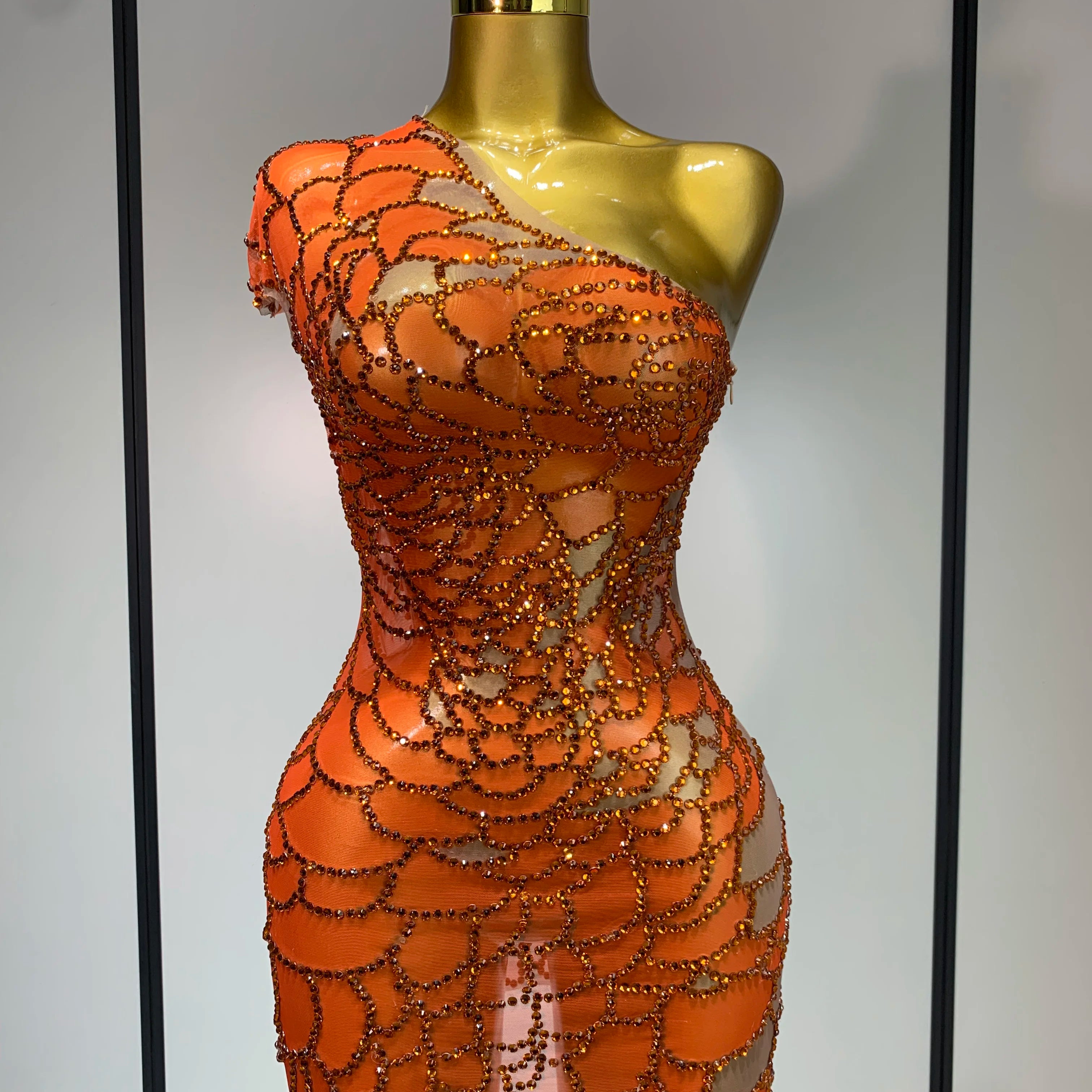 Women Sexy Mesh See Through One Shoulder Rhinestones Stage Costume Singer Nightclub Evening Party Luxury Birthday Mini Dresses Orange