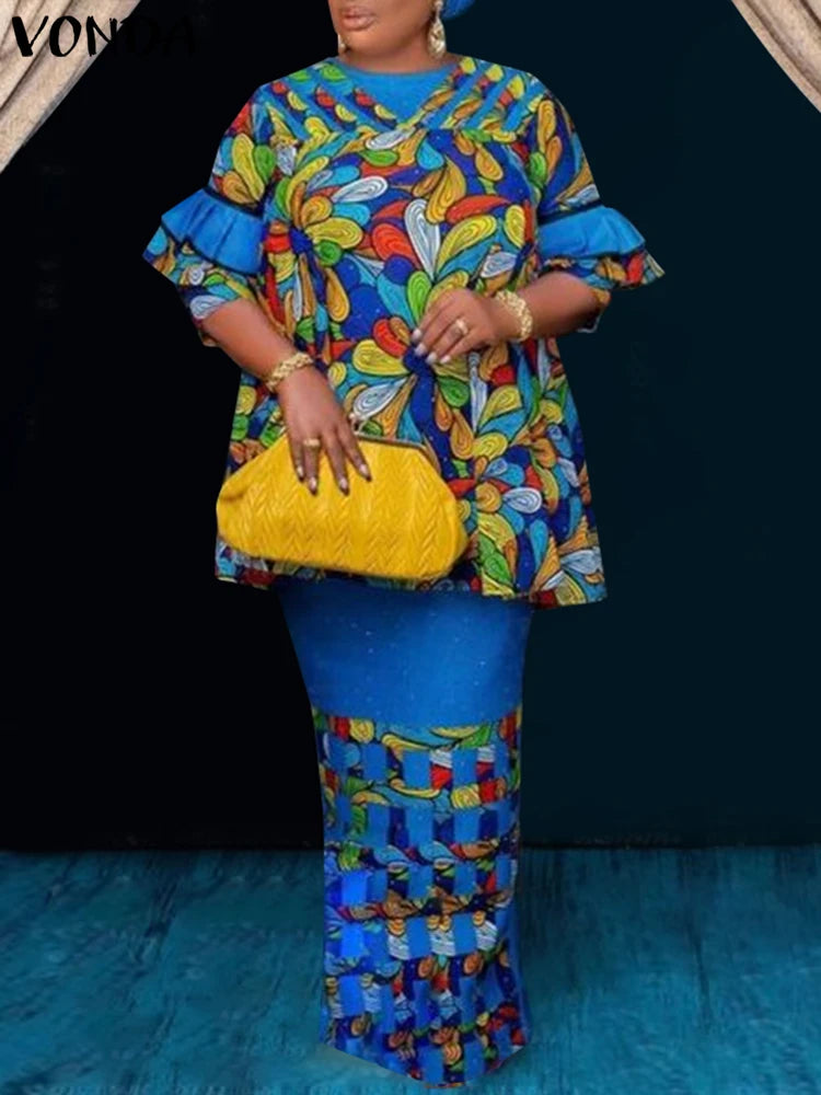 Plus Size 5XL VONDA Women Sets Vintage Dress Suits Fashion Flare Sleeve Floral Printed Tops And A Line Skirts 2025 Matching Sets