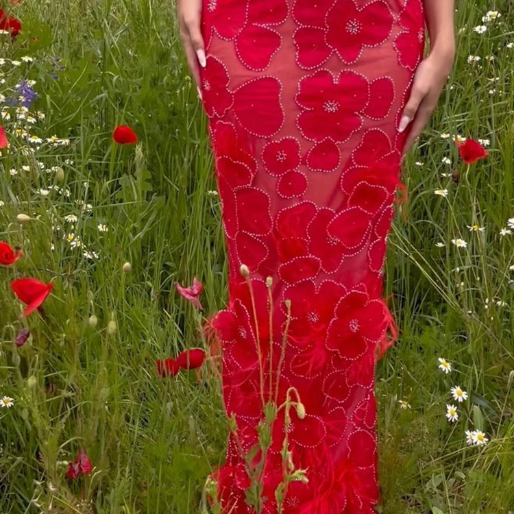 Romantic Sleeveless Red Floral Mermaid Dress for Garden Weddings Party Evening Gown