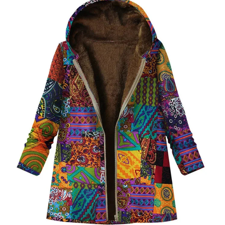 Thickened Zipper Hooded Coat Coat Coat Autumn and Winter New Cotton and Hemp Coat Women's Vintage Warm Printing Pocket orange