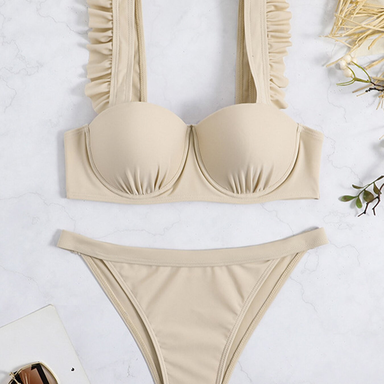 Sexy Solid Ruffle Bikini Push Up Swimwear - Swimsuit Female Low Waist Bikini Set Two Pieces Bathing Suit Beachwear