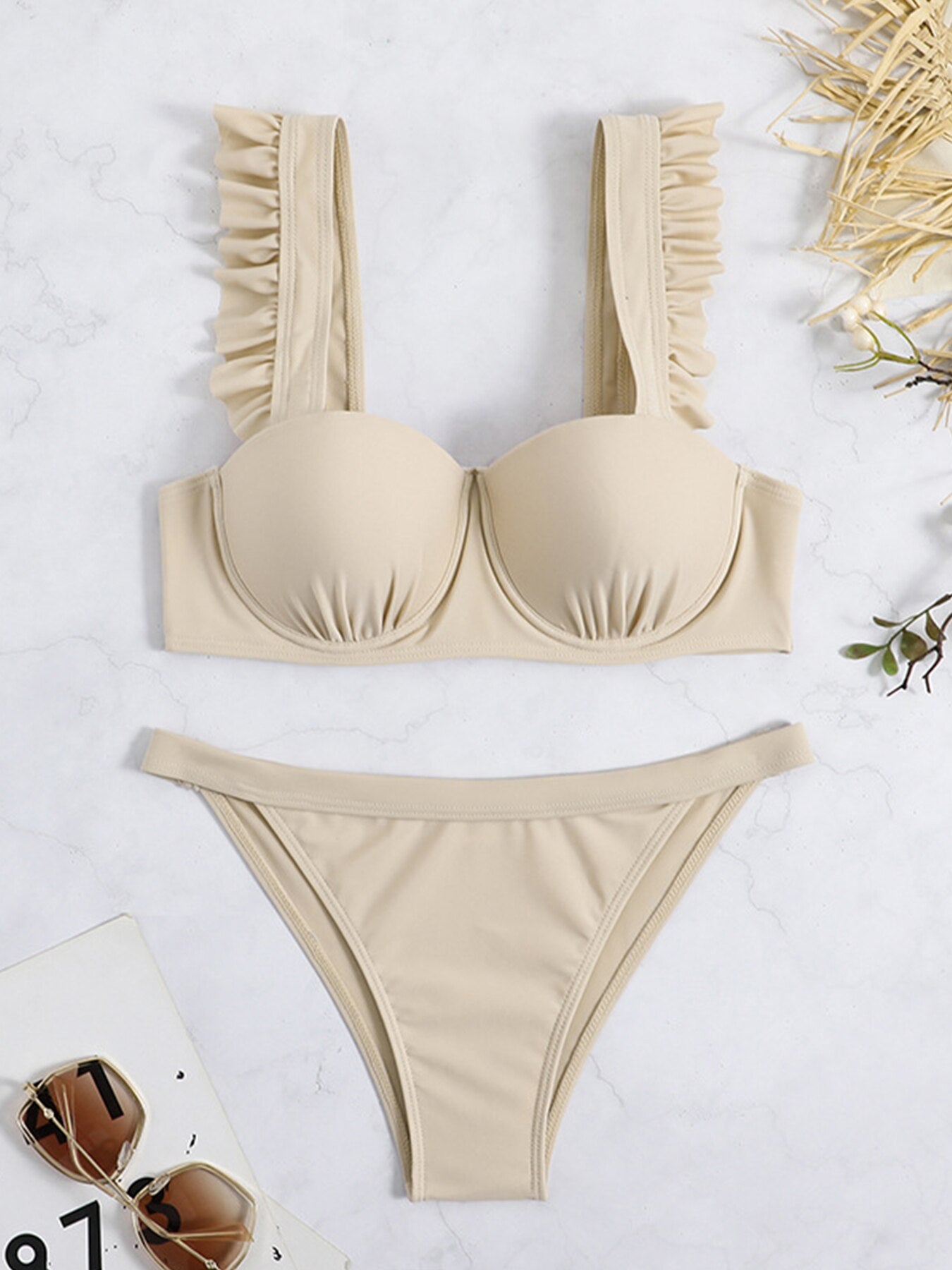 Sexy Solid Ruffle Bikini Push Up Swimwear - Swimsuit Female Low Waist Bikini Set Two Pieces Bathing Suit Beachwear