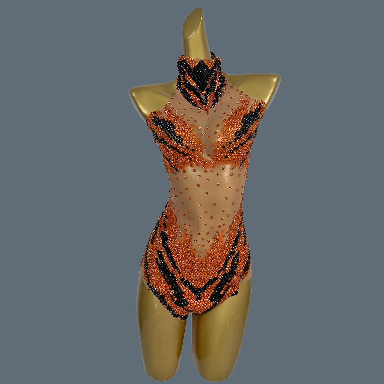 Luxury Birthday Party Outfit Rhinestones Leotard Dancer Costume Bodysuit for Women Crystal Evening Dress Stage Show Wear Huniu Orange One Size