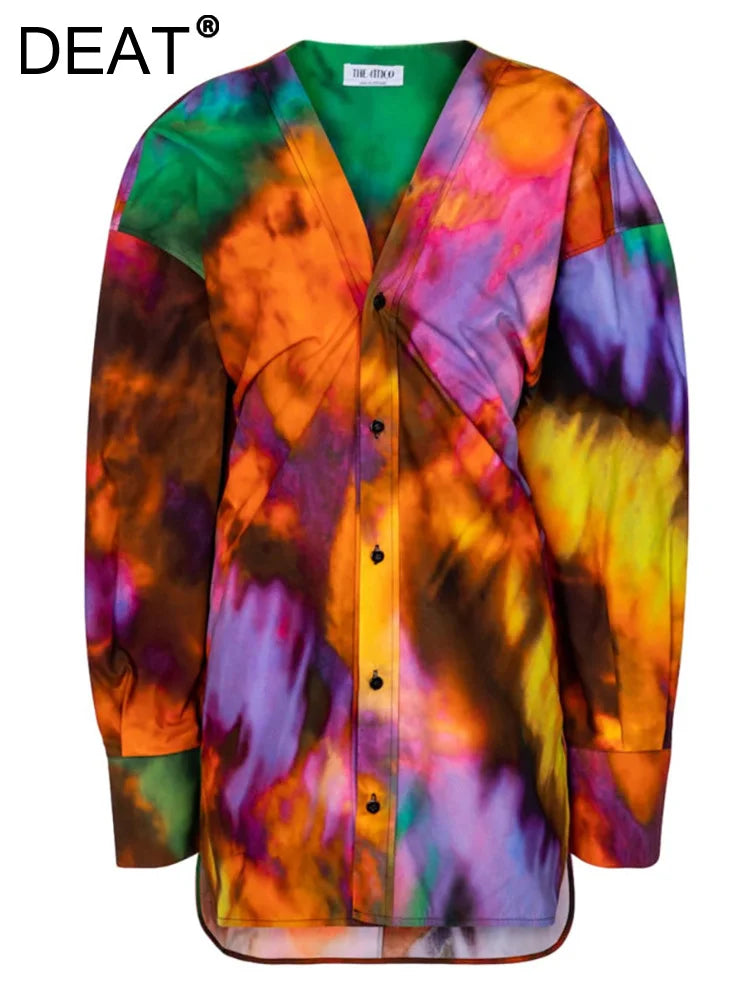 DEAT Fashion Women's Shirt Dress V-neck Loose Tie Dye Long Sleeve Single Breasted Waist Mini Dresses Spring New WR36309