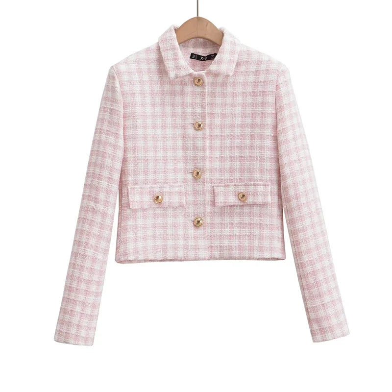 Women's Jacket Autumn Vintage Tweed Blazers Coats Fashion Single-breast Pink Plaid Suit Female New in Outerwears Clothing Top as picture