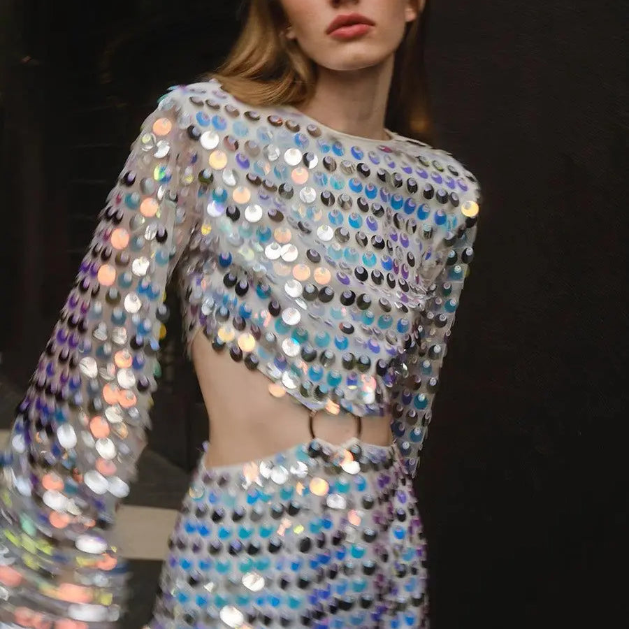 Sequins Hollow Out Mini Dress Woman Fashion Long Flare Sleeve Slim Glitter Dresses High Street Evening Party Club Mini Vestido Sliver