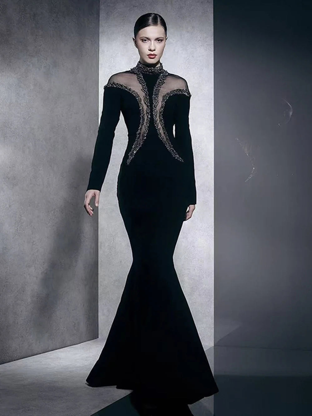 Newest Fashion 2025 Designer Party Vestido Women'S Diamonds Mesh Long Sleeves Bodycon Mermaid Long Maxi Dress