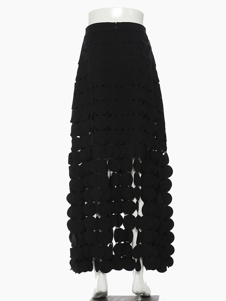 [EAM] High Waist Black Hollow Out Tassels Long Slit Elegant Half-body Skirt Women Fashion Tide New Spring Autumn 2024 1DE9035