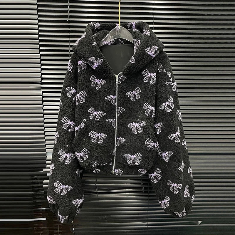 Autumn Winter New Fashion Women's Set Bowknot Printed Design Hooded Loose Zipper Coat Elastic Waist Shorts 11A07780