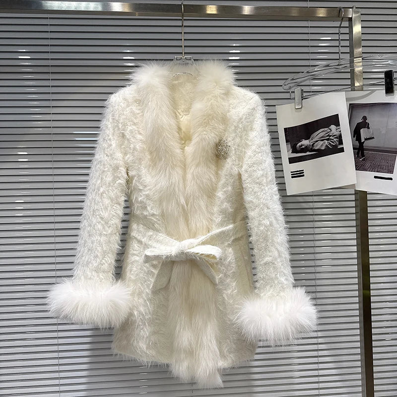 Winter New Fashion Diamond Fox Fur Collar Waist Belt Cotton Coat For Women Lace-up Waisted Jacket Female 11A07796