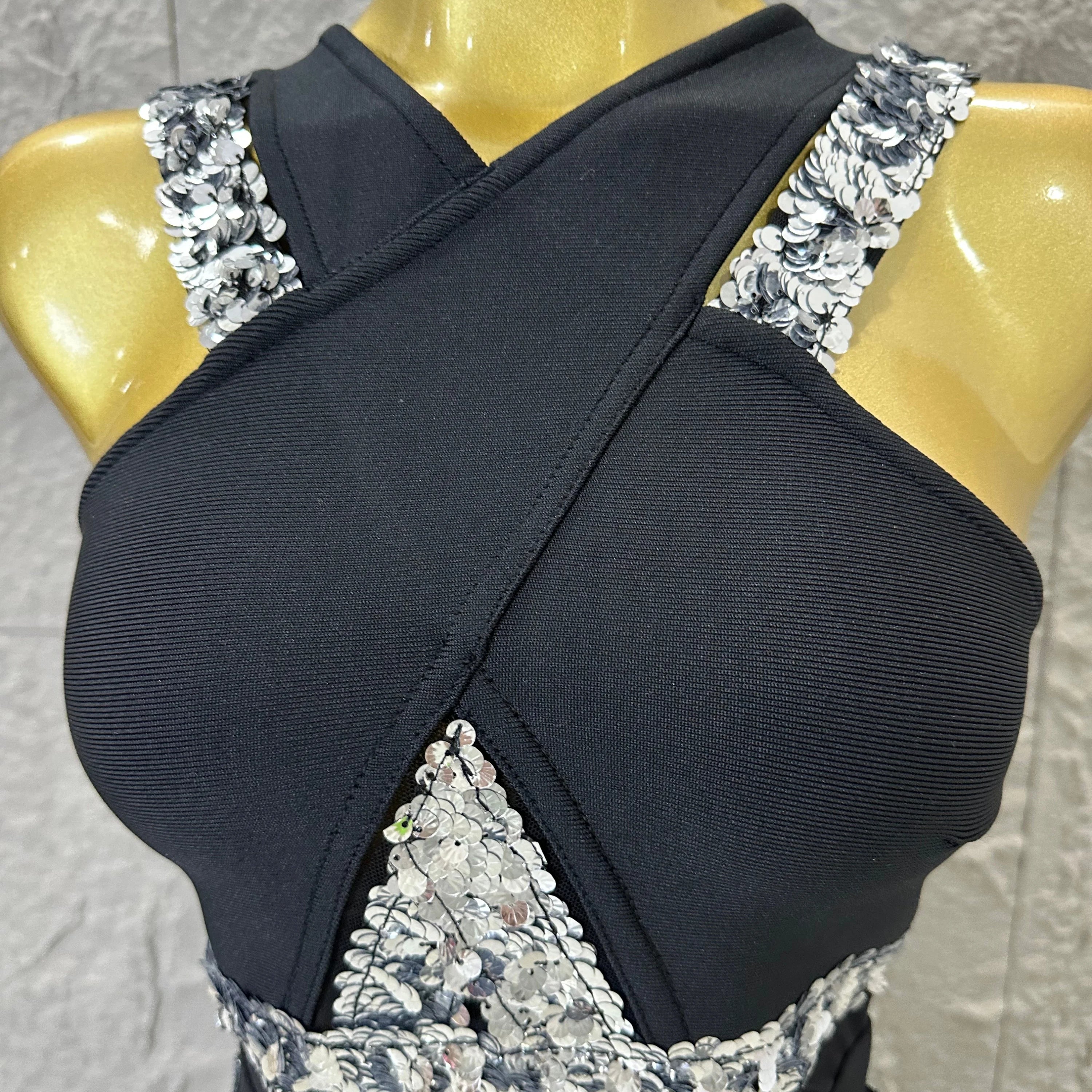 Elegant Black Halter Neck Maxi Dress Women Sexy Crisscross Crystal Embellished Sheer Mesh Cutout Waist Form-Fitting Outfit