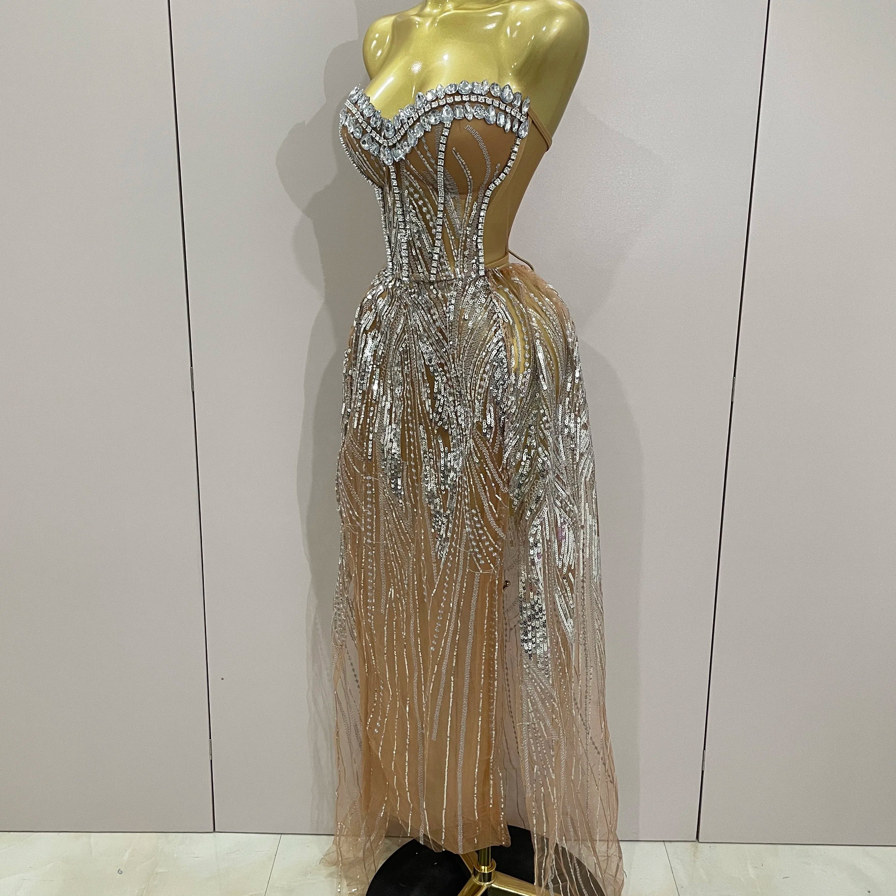 2025 Sparkly Rhinestone Sequins Sexy Strapless See-Through Long Dress Women Evening Birthday Party Dress Nightclub Stage Costume