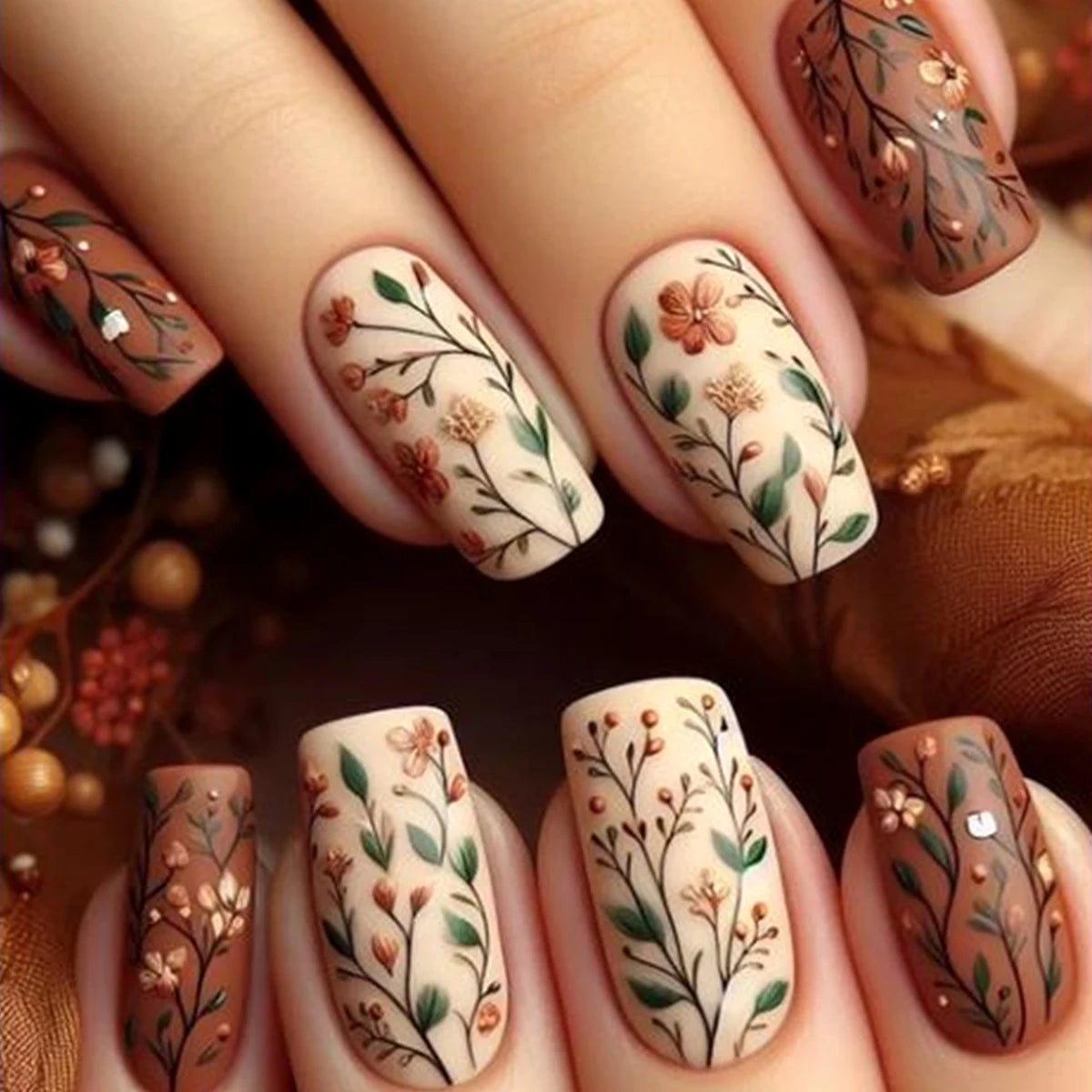 24Pcs Short Square Head Fake Nails Leaf False Nails with Flowers Simple French Tips Wearable Summer Full Cover Press on Nails W3118