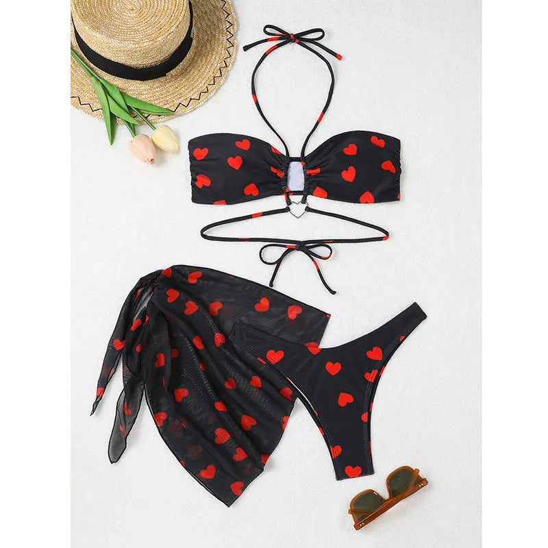 Women 3pack Heart Print Bikini Sets With Skirt Bandeau Swimsuit Thong Swimwear Beach Cover-Up Push Up Biquinis Bathing Suit