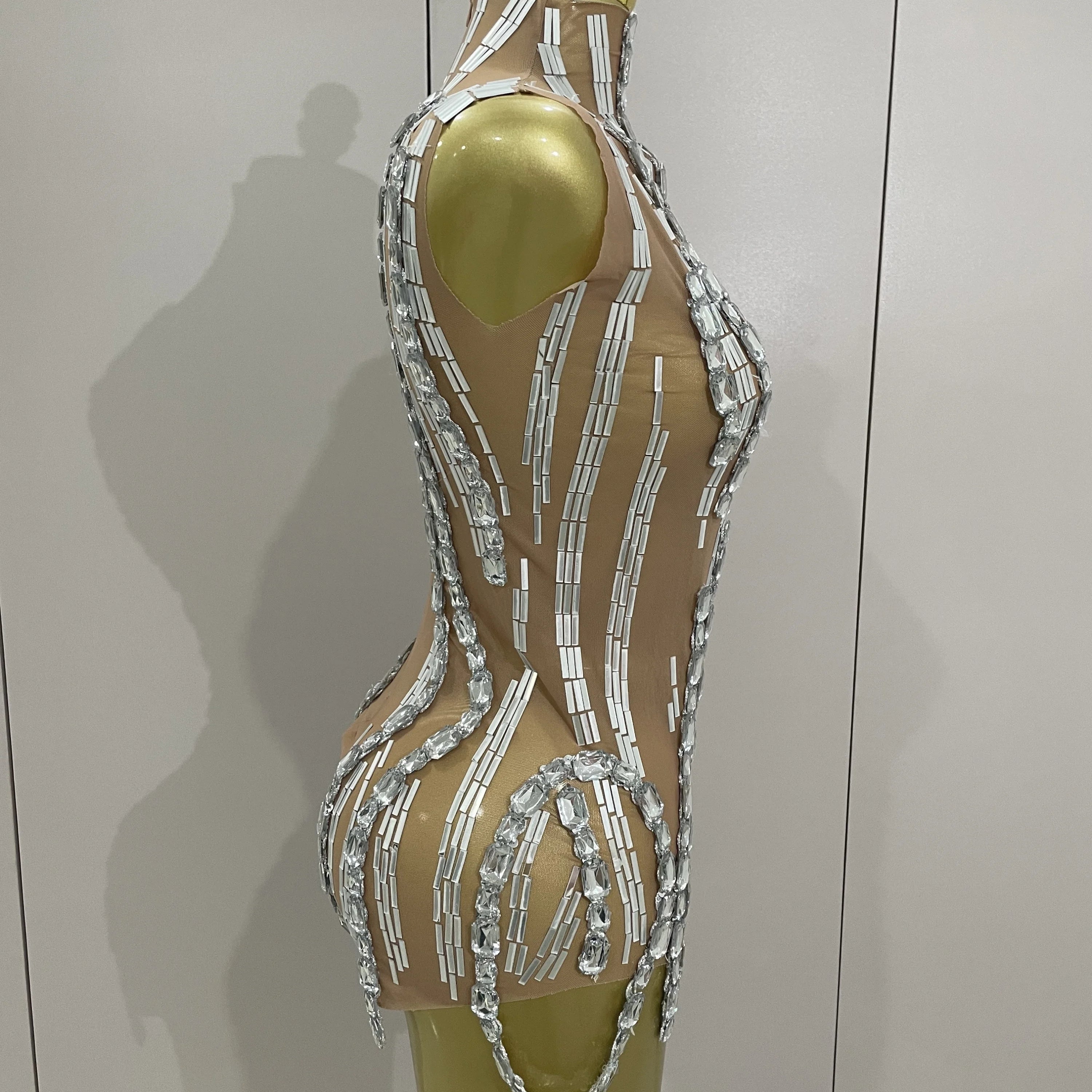 Sparkly Rhinestone Chain Sexy Transparent Sleeveless Bodysuit 2025Women Party Nightclub Team Performance Costume Show Stage Wear