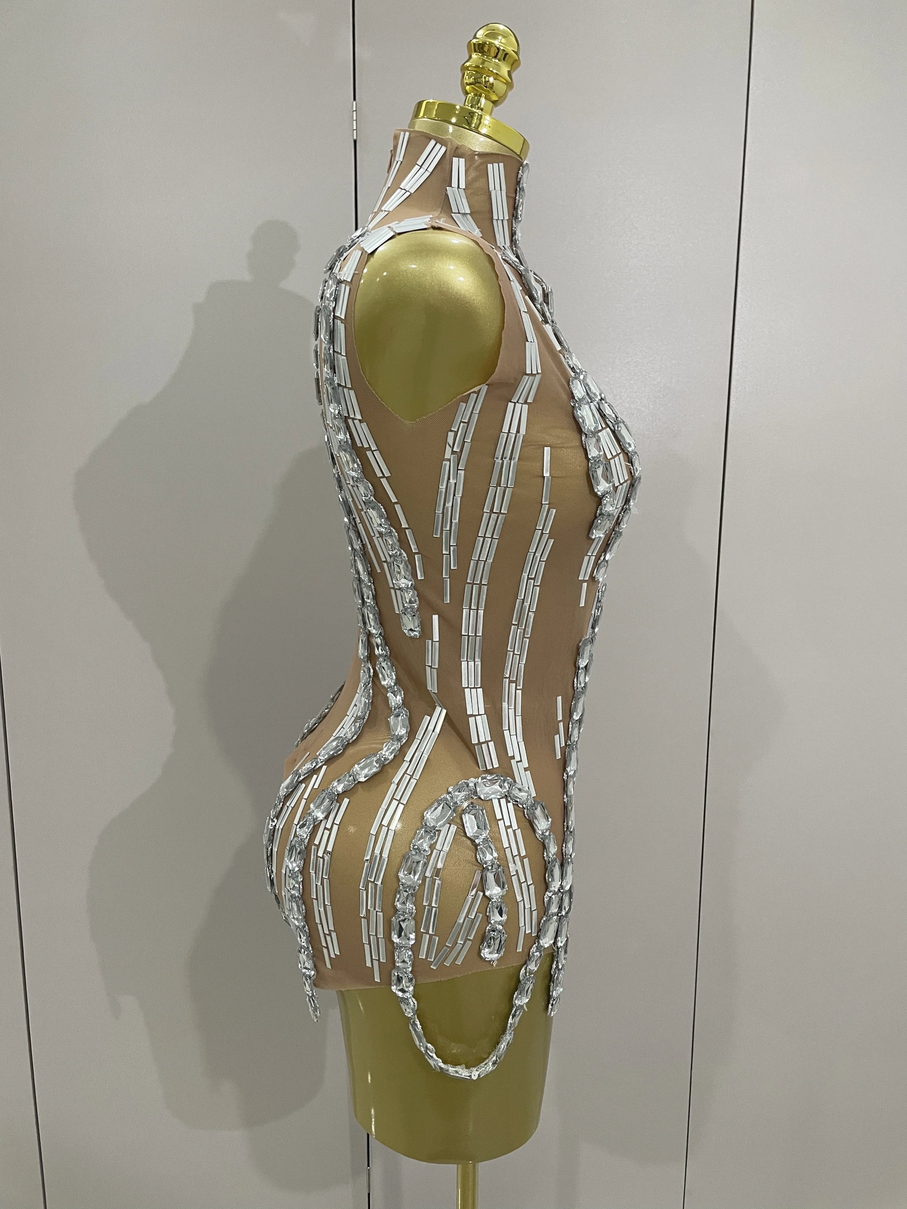 Sparkly Rhinestone Chain Sexy Transparent Sleeveless Bodysuit 2025Women Party Nightclub Team Performance Costume Show Stage Wear