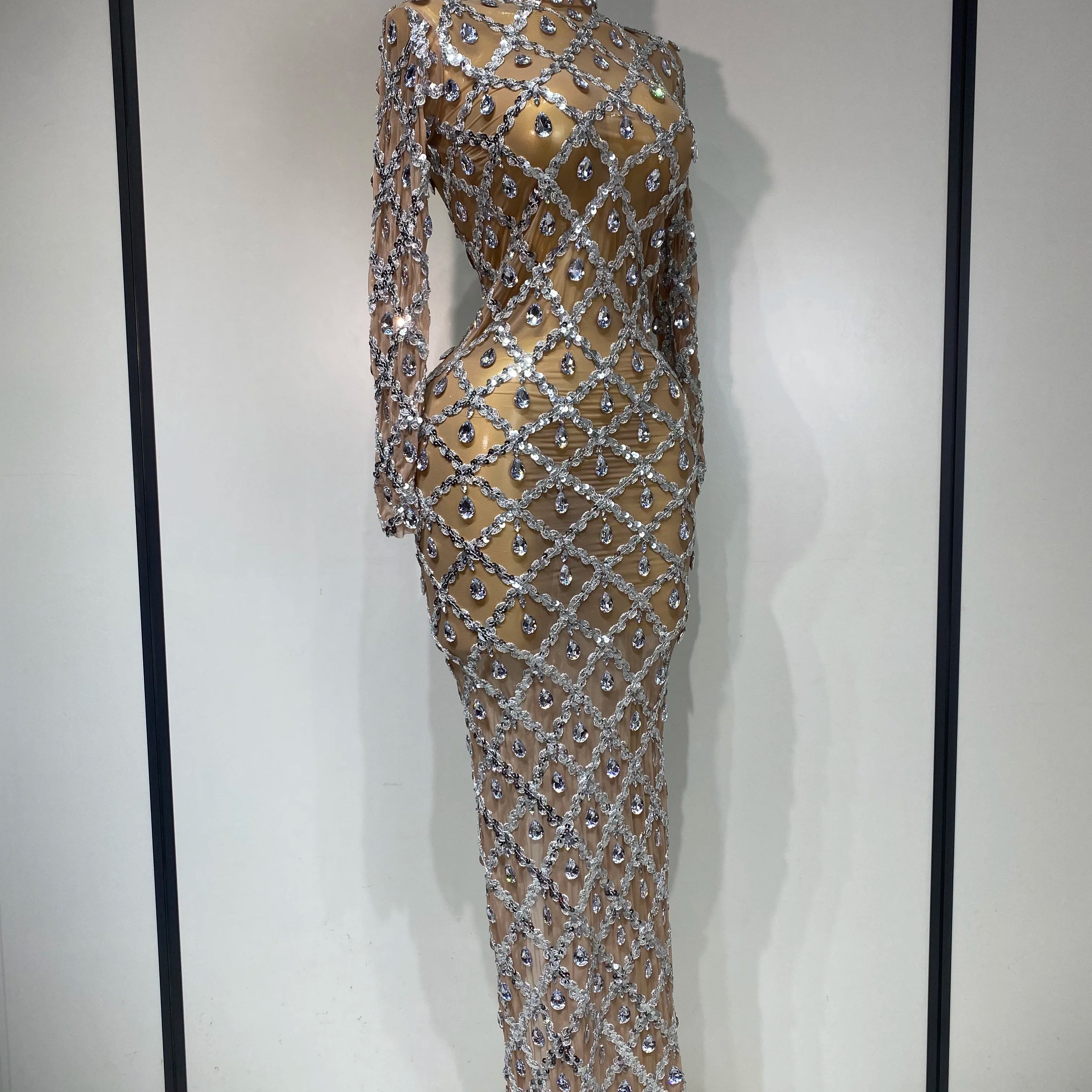 Women Sexy Luxury Birthday Dress Stage Shining Rhinestone Sequin Long Dress Evening Prom Gown Transparent Singer Club Host Dress