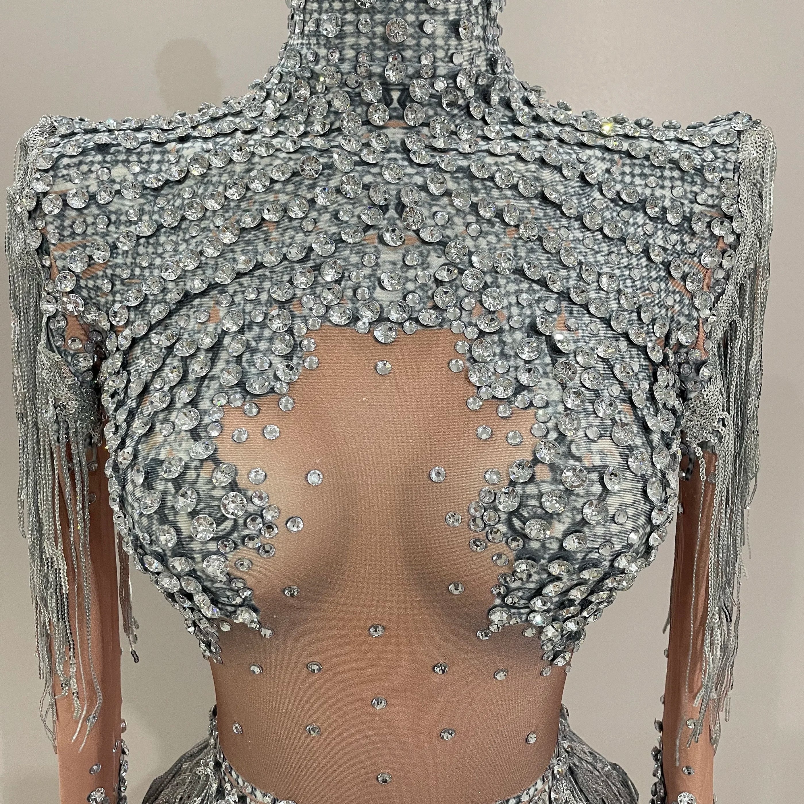 Women Sparkly Rhinestone Sequin Tassel Stretch Bodysuits 2025 Birthday Party Nightclub Dj Stage Performance Costume