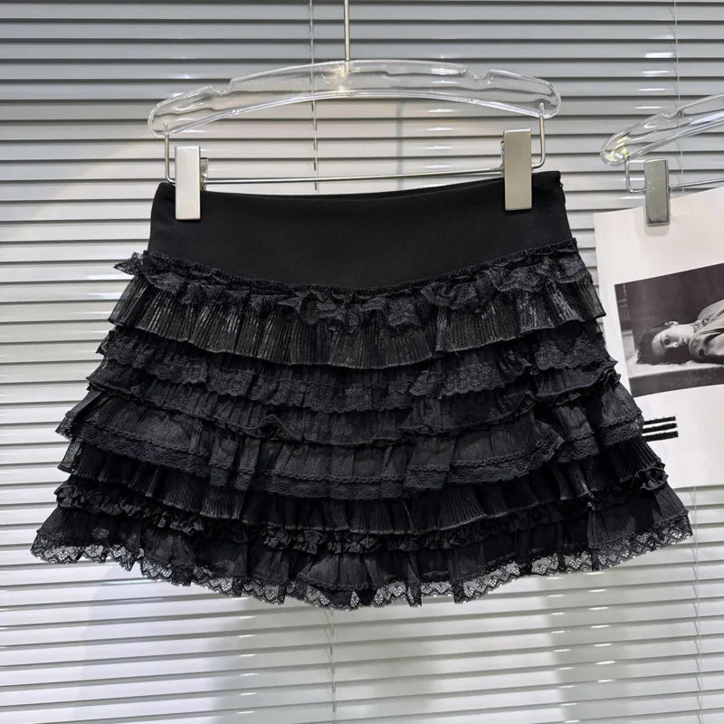 Winter New Sweet Temperament Mesh Ruched Patchwork Cake Skirt For Women High Waist Short Skirts Female Trend 11A07610 Black