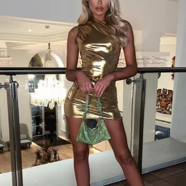 TARUXY Silver PU Mini Dress Womens Bodycon Sexy Sleeveless High Waisted Sheath Dresses Party Fashion Slim Dress Women New Gold