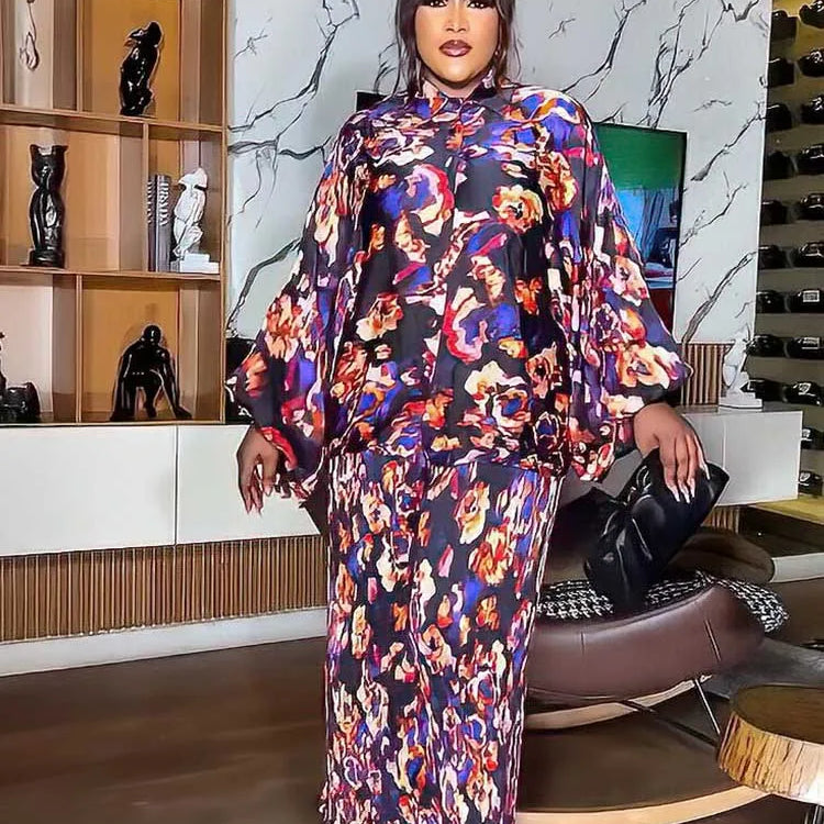 African 2 Piece Sets Women Outfit Loose Casual Long Top Shirt and Pant Set Autumn Plus Size Matching Sets Pleated Trouser Suit PURPLE One Size