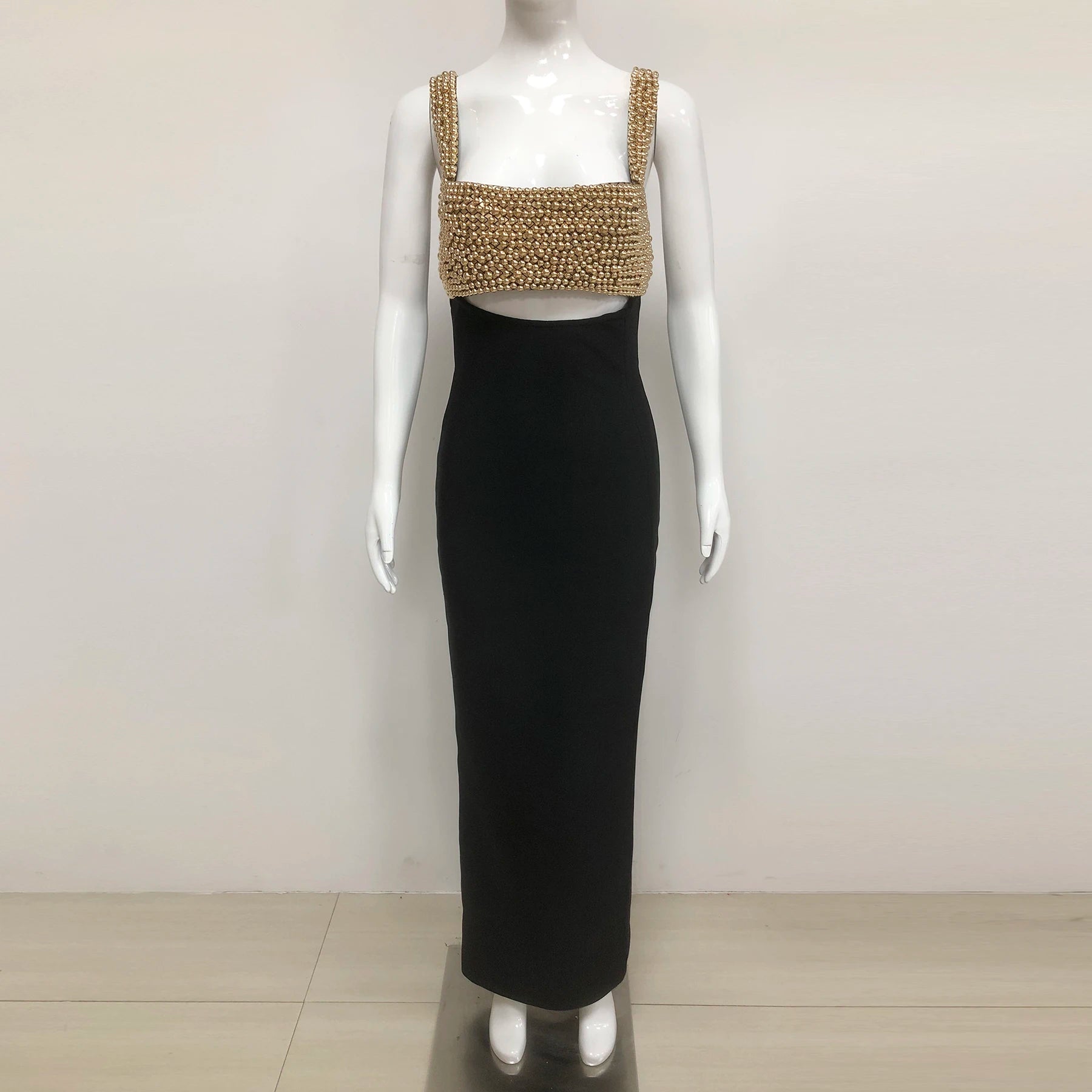 2025 Golden Beading Sexy Hollow Out Black Bandage Ankle Length Dress Fashion Woman Evening Party Dress Celebrity Party Vestido