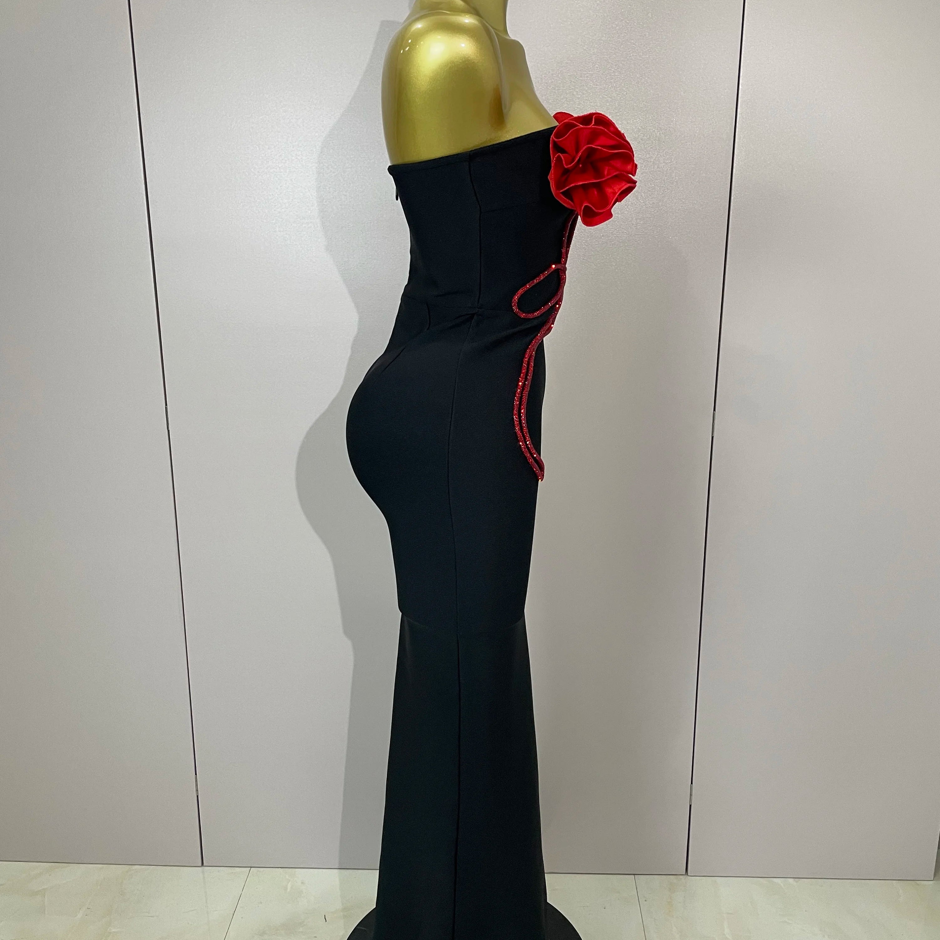 2025 black Off Shoulder Red Flower Bandage Long Dress Women Elegant Fshion Celebrity Party Dress