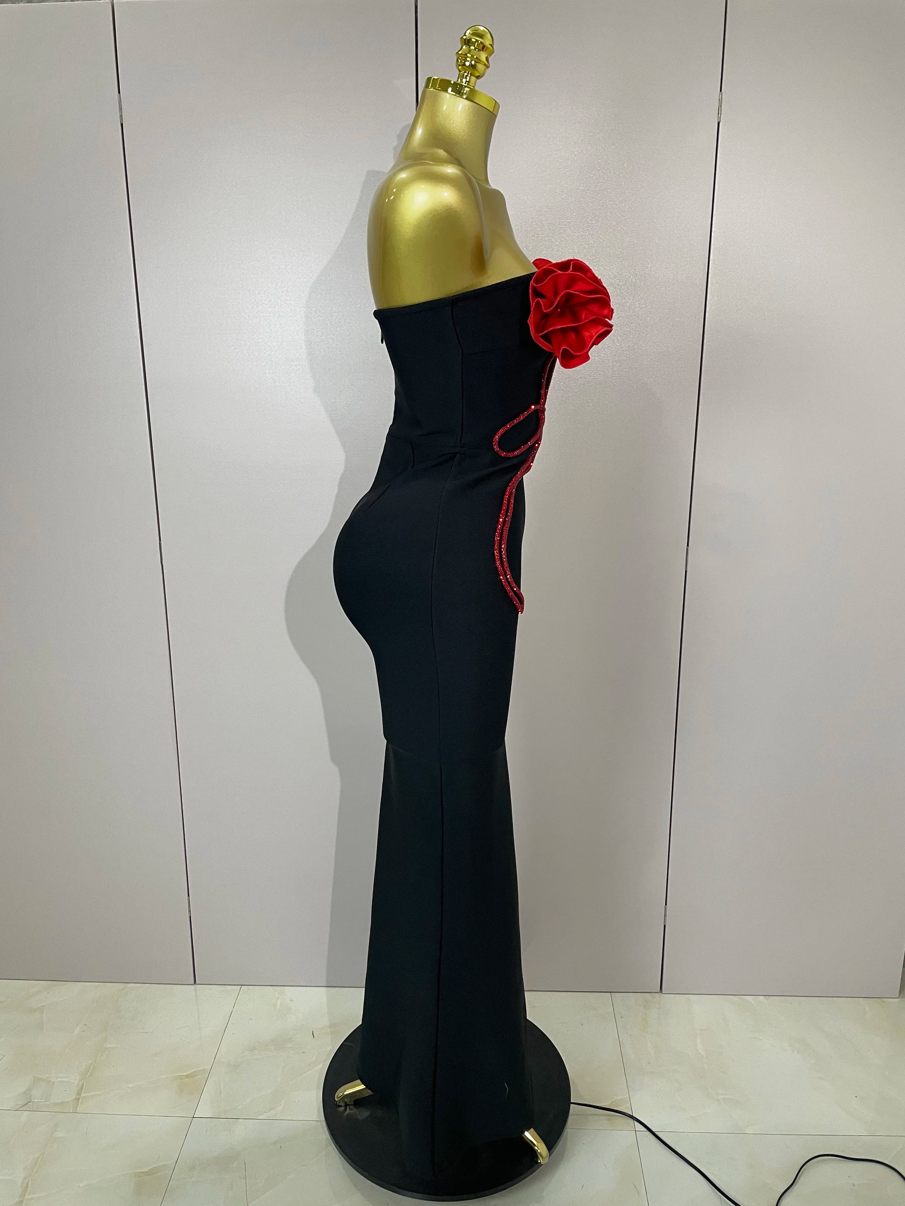 2025 black Off Shoulder Red Flower Bandage Long Dress Women Elegant Fshion Celebrity Party Dress