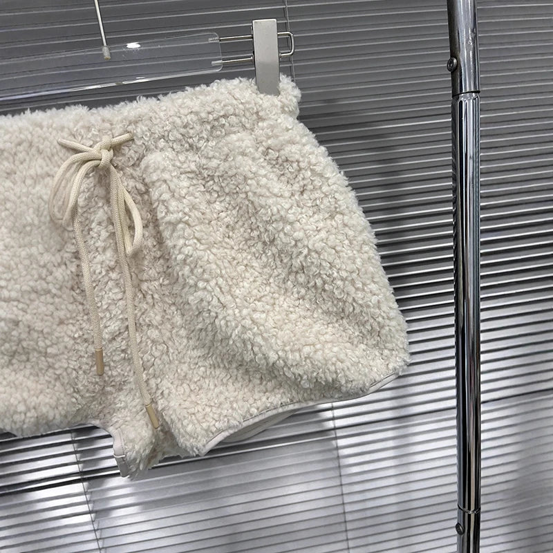 Autumn Winter New Thickened Lamb Wool Shorts For Women Elastic Waist Drawstring Design A-line Hot Pants 11A07633