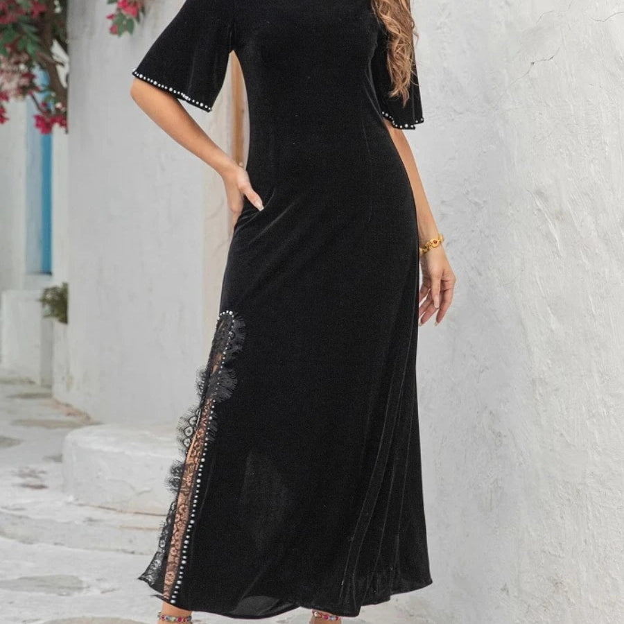 Slimming Split Spliced Bead Elegant Dresses for Women Round Neck Half Sleeves Patchwork Lace Dress Female Clothing