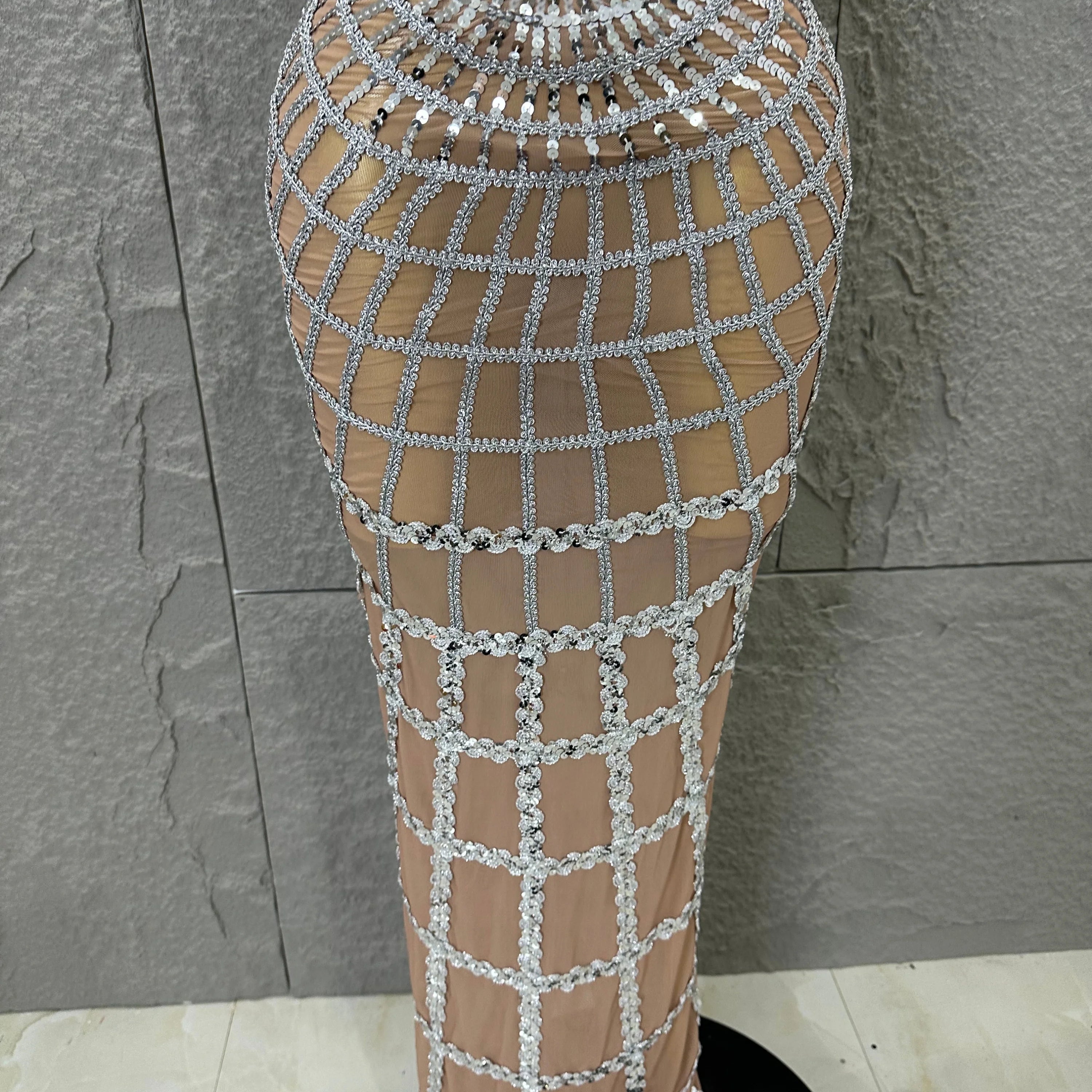 Women Sexy Strapless 3D Grid Embellished Bodycon Mermaid Outfit Stage Performance CostumeElegant Sequined Sheer Mesh Maxi Dress