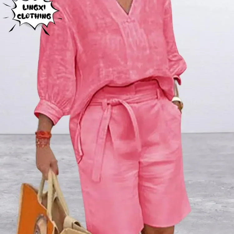 2024 Summer Fashion Plus Size New Matching Collection Women's Shorts Set V-neck Short Sleeves Sports Cotton Linen Two Piece Set