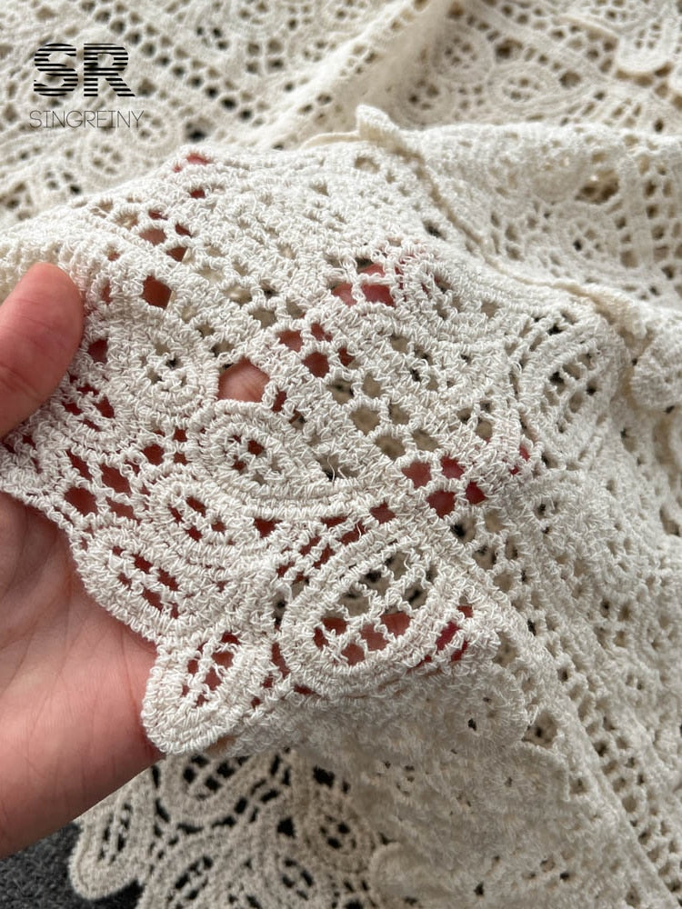 SINGREINY Loose Knit Long Dress Women V Neck Solid Hollow Out Design Retro Fashion 2024 Ladies Y2K Casual Summer Beach Dresses