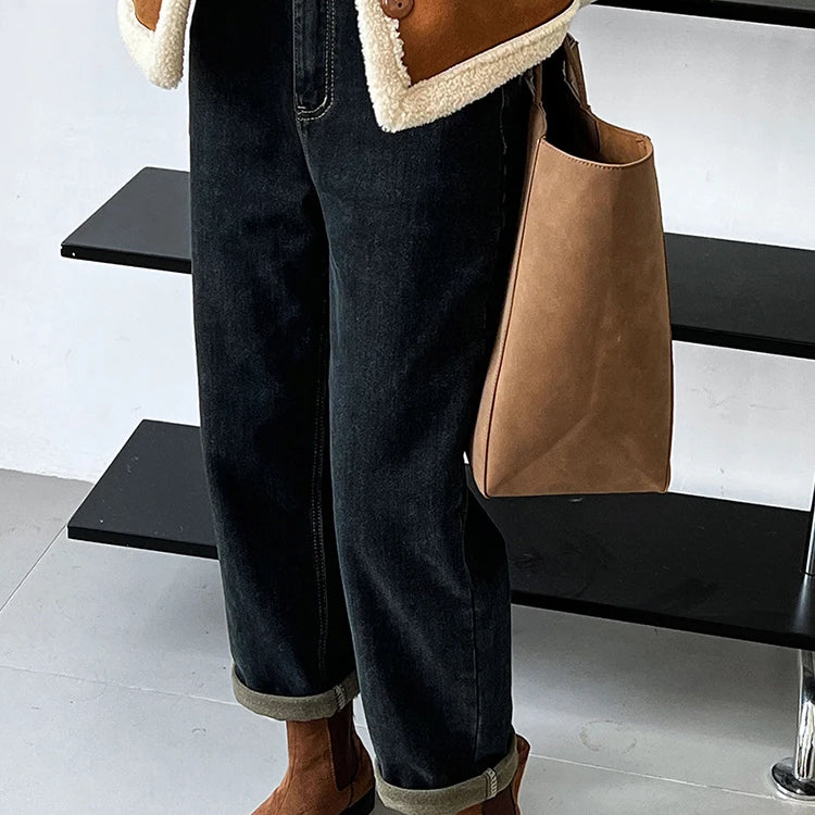 Winter Winter Thick Warm Jeans For Women Solid High Waist Straight Denim Pants Vintage Female Clothing