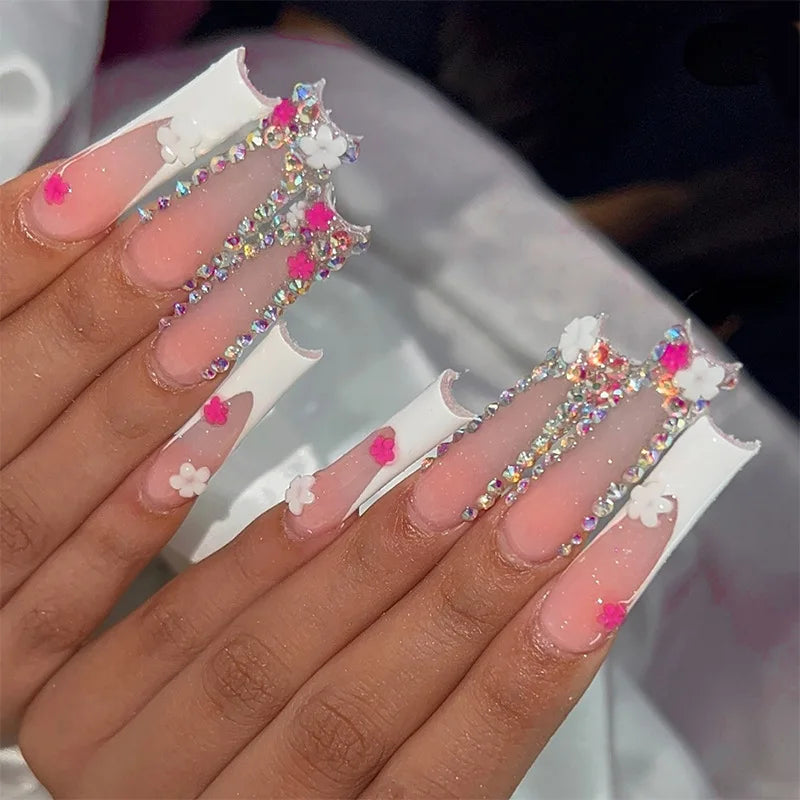 24Pcs Pink Press on Fake Nails Long Coffin with Love Broken Diamond Pearl Bowtie Design French Fake Nails Full Cover Nail Tips 2