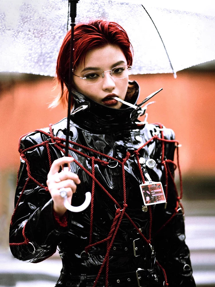 Lautaro Spring Long Cool Shiny Reflective Hard Patent Pu Leather Coat for Women Belt Luxury Designer Punk style Lace Up Clothes Black