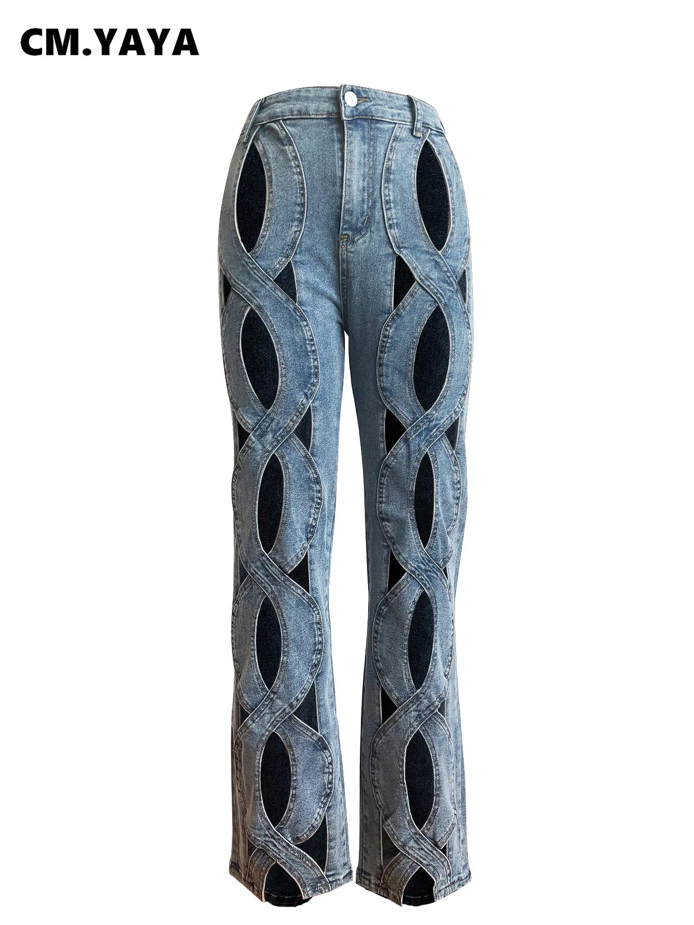 Women Vintage Cutout Hollow Out Criss Cross Straight Denim Pants 2024 Fashion INS High Waist Wide Leg Jeans Trousers