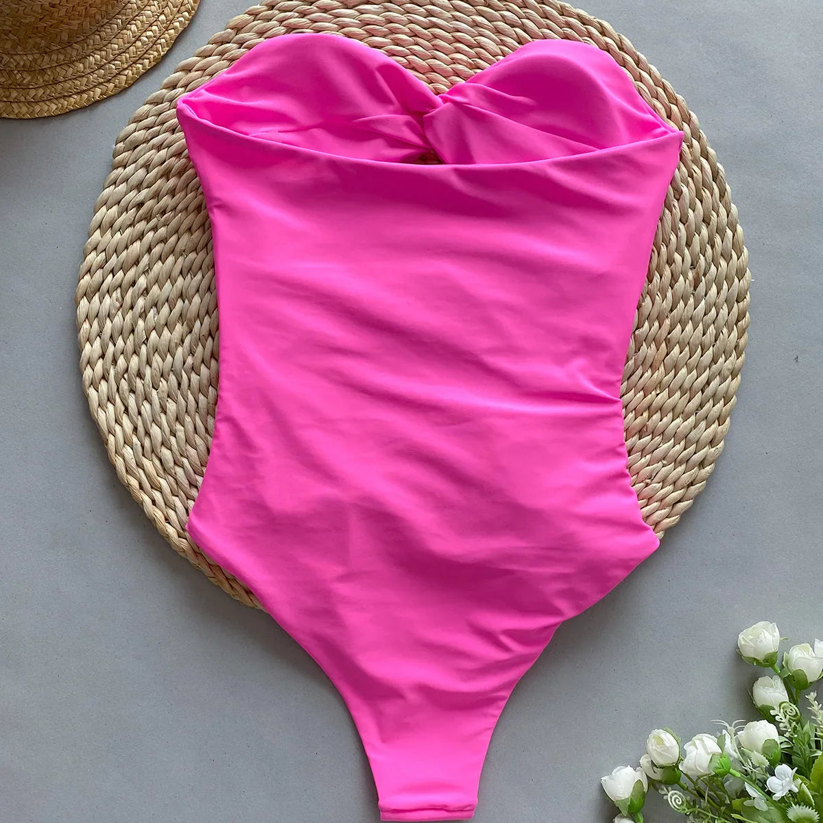 Hollow Out One Piece Swimsuit, Monokini Bodysuit, Lace Up Beachwear, High Waist Swimming Suit, Bandeau Monokini, Summer, 2024
