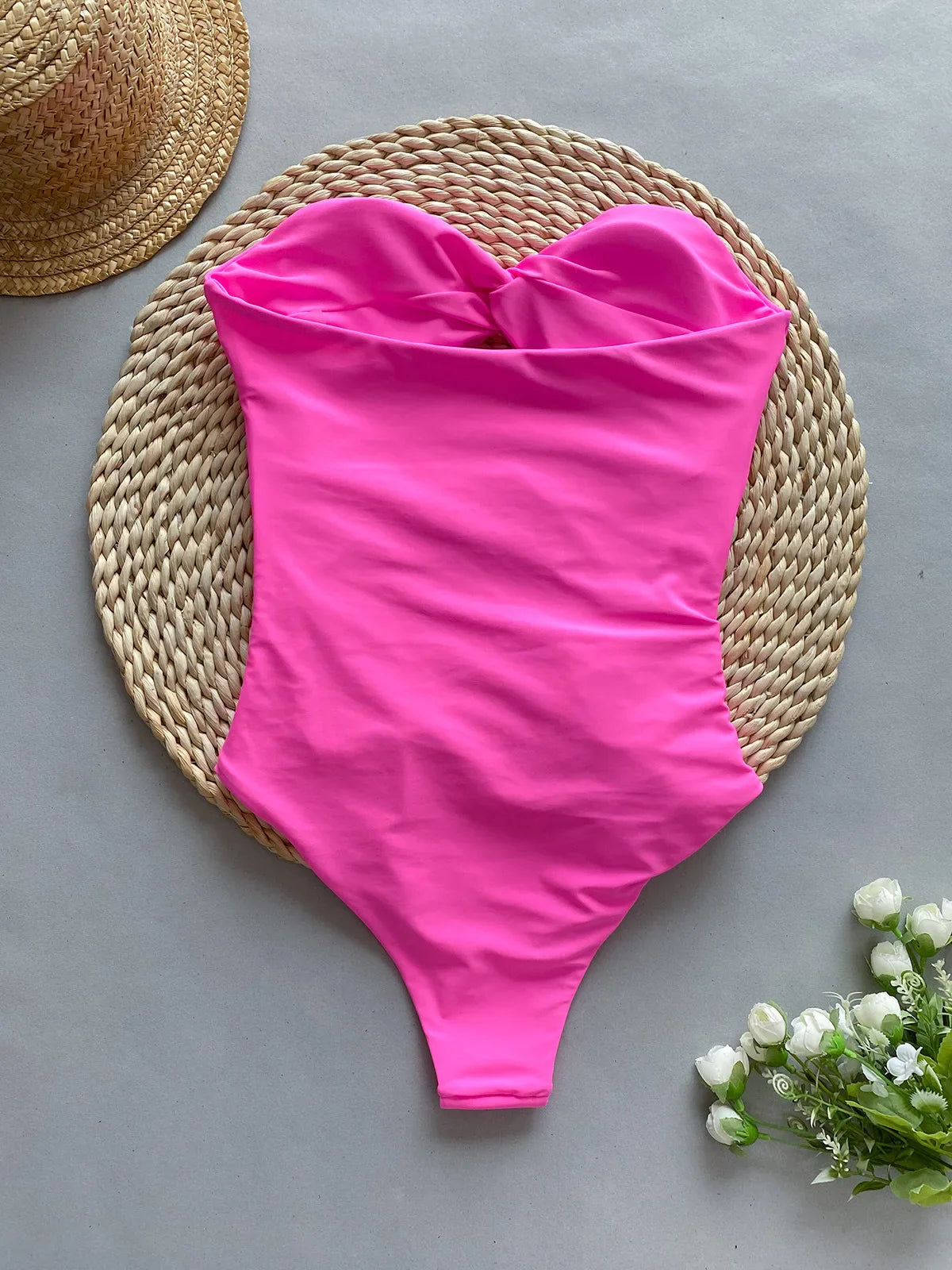 Hollow Out One Piece Swimsuit, Monokini Bodysuit, Lace Up Beachwear, High Waist Swimming Suit, Bandeau Monokini, Summer, 2024