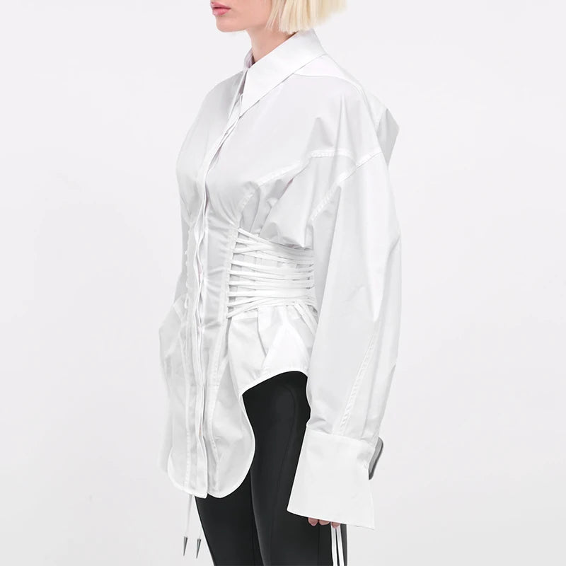 Solid Spliced Lace Up T Shirts for Women Lapel Long Sleeve Patchwork Single Breasted Fashion Top Female Clothing