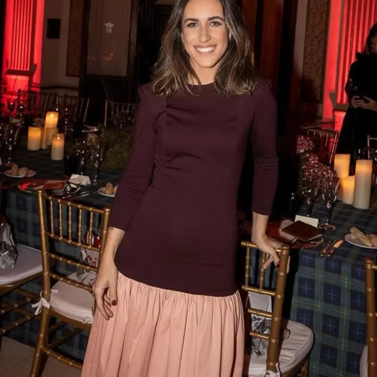 Vintage Women Ruffle Edge Splicing Full Sleeve Dress Fashion Round Neck A-line Maxi Dresses 2025 Lady New Spring Highstreet Robe