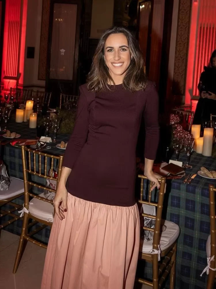 Vintage Women Ruffle Edge Splicing Full Sleeve Dress Fashion Round Neck A-line Maxi Dresses 2025 Lady New Spring Highstreet Robe