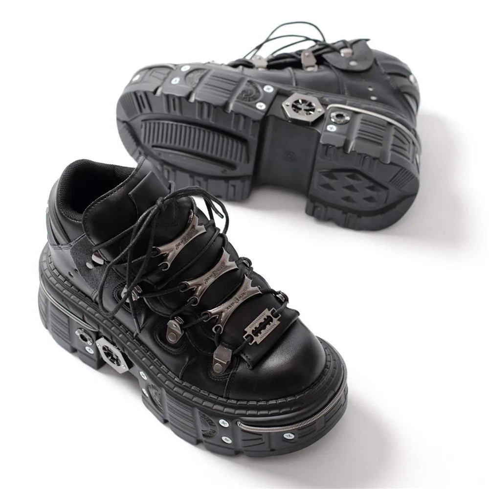 2025 Women Ankle Boots for Woman's Thick Bottom Lace-Up Metal Decoration Round Toe Platform Shoes Ladeis Punk Gothic Sneakers