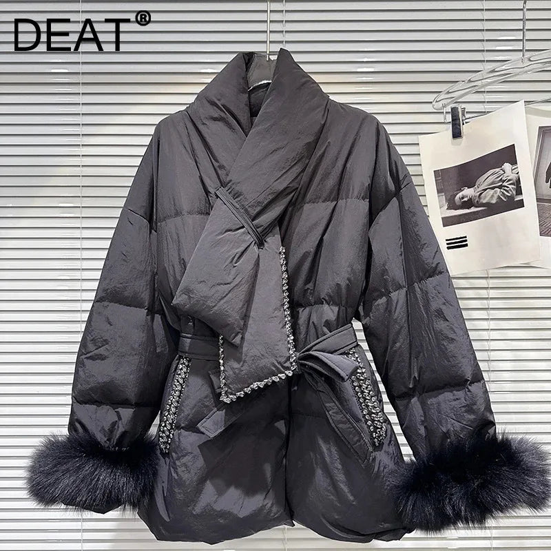 Winter New Fashionable Rhinestone Edge Furry Cuff Scarf Collar Warm Jacket For Women Loose Lace-up Waist Coat 11A07672