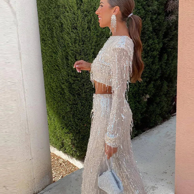 Tassel Sequin Women 2 Piece Set Autumn Silver Bright Silk O-neck Crop Tops Wide Leg Pants Female Suit Fashion Street Lady Sets